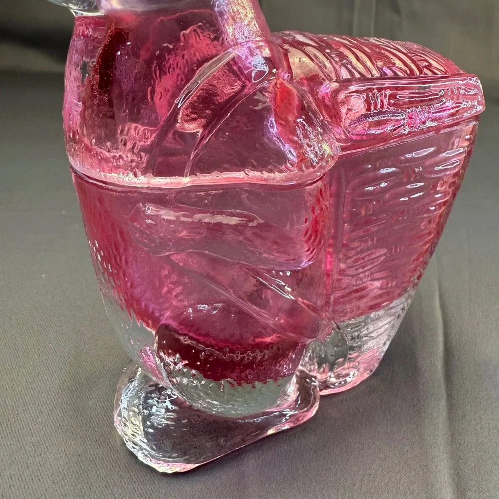 Vintage Pink Glass Bunny Rabbit Basket Candy Dish Heavy Easter Cottagecore Decor